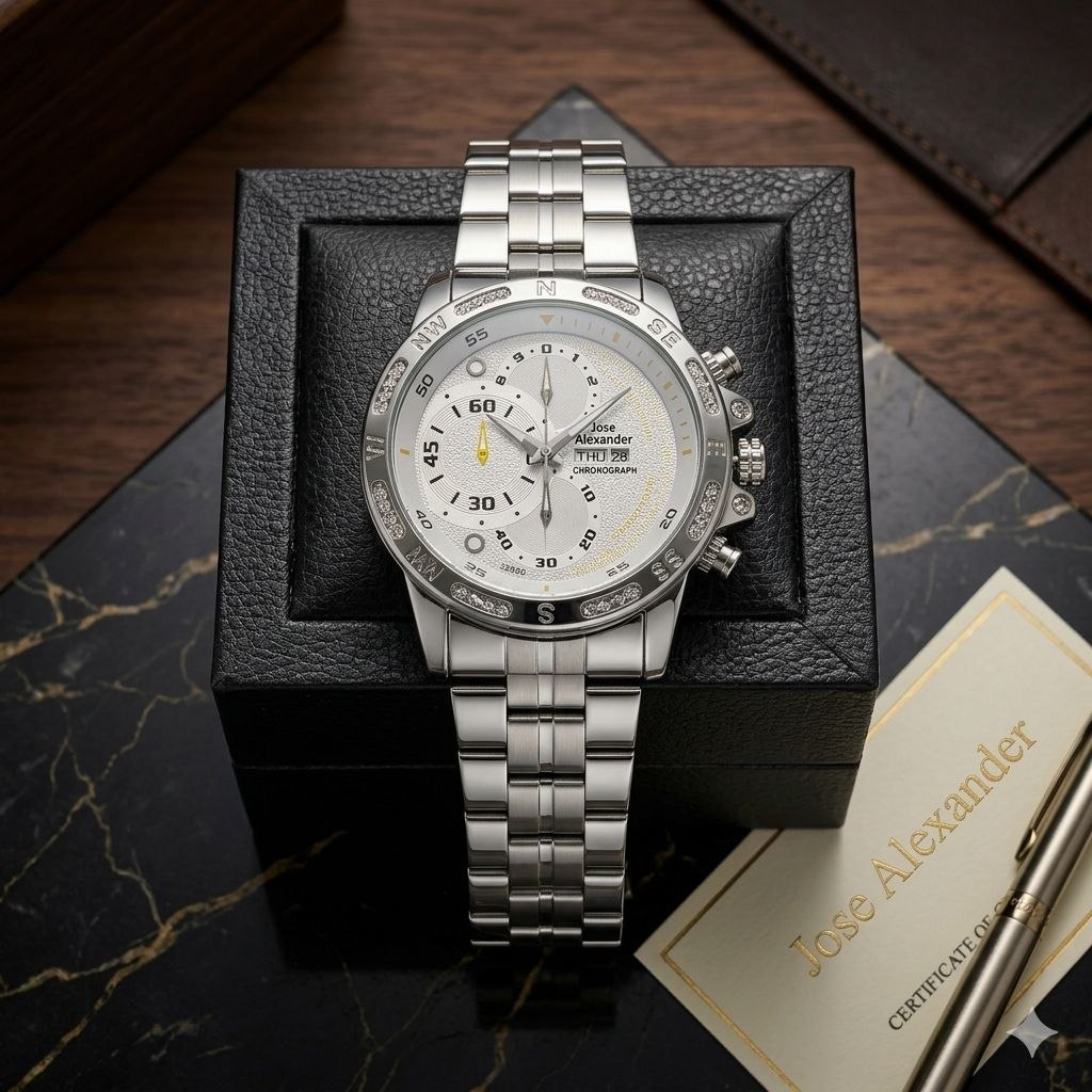 Jam Tangan Pria Silver / Putih Jose Alexandre Tanggal Hari Aktif Rantai Stainless