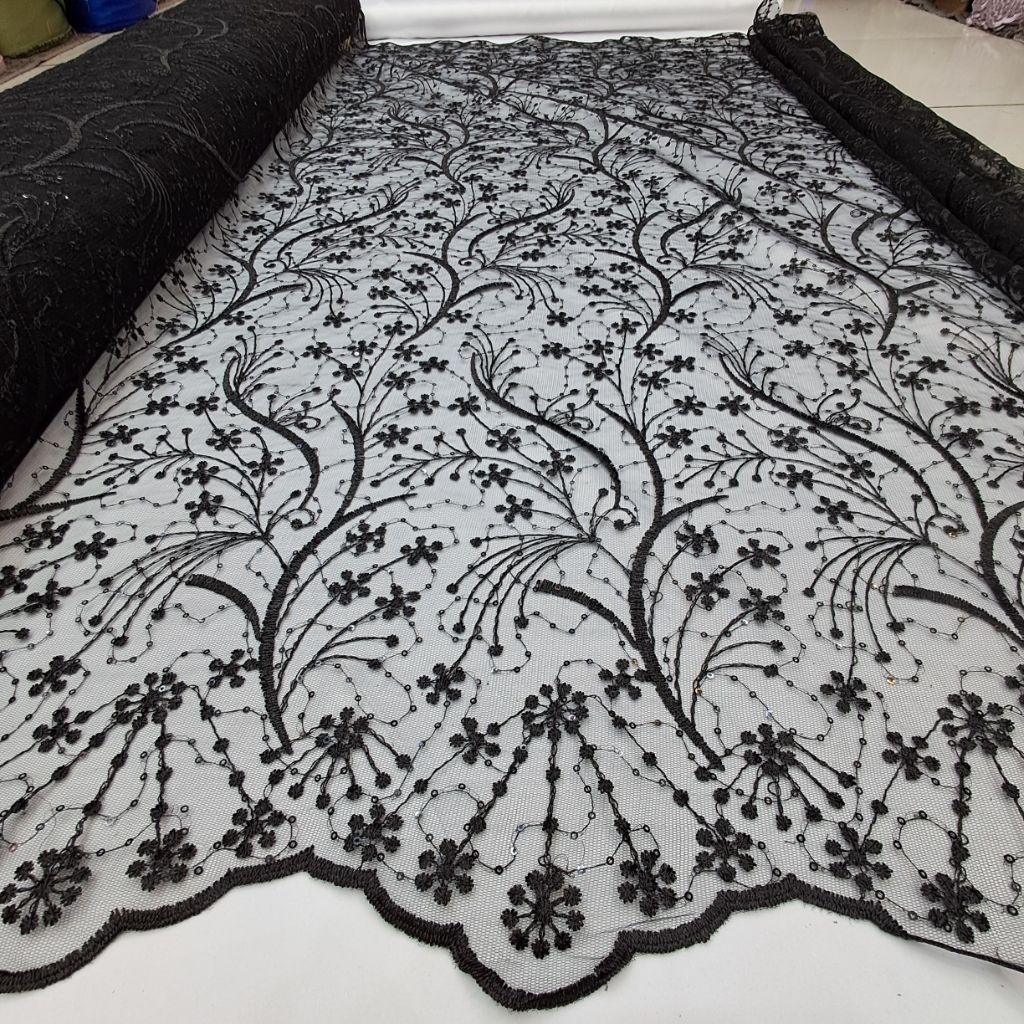 Bahan Kain Tile Bordir Lace Payet Motif Salur / Bakal Tille Lace Bordir Payet Mewah Untuk Kebaya