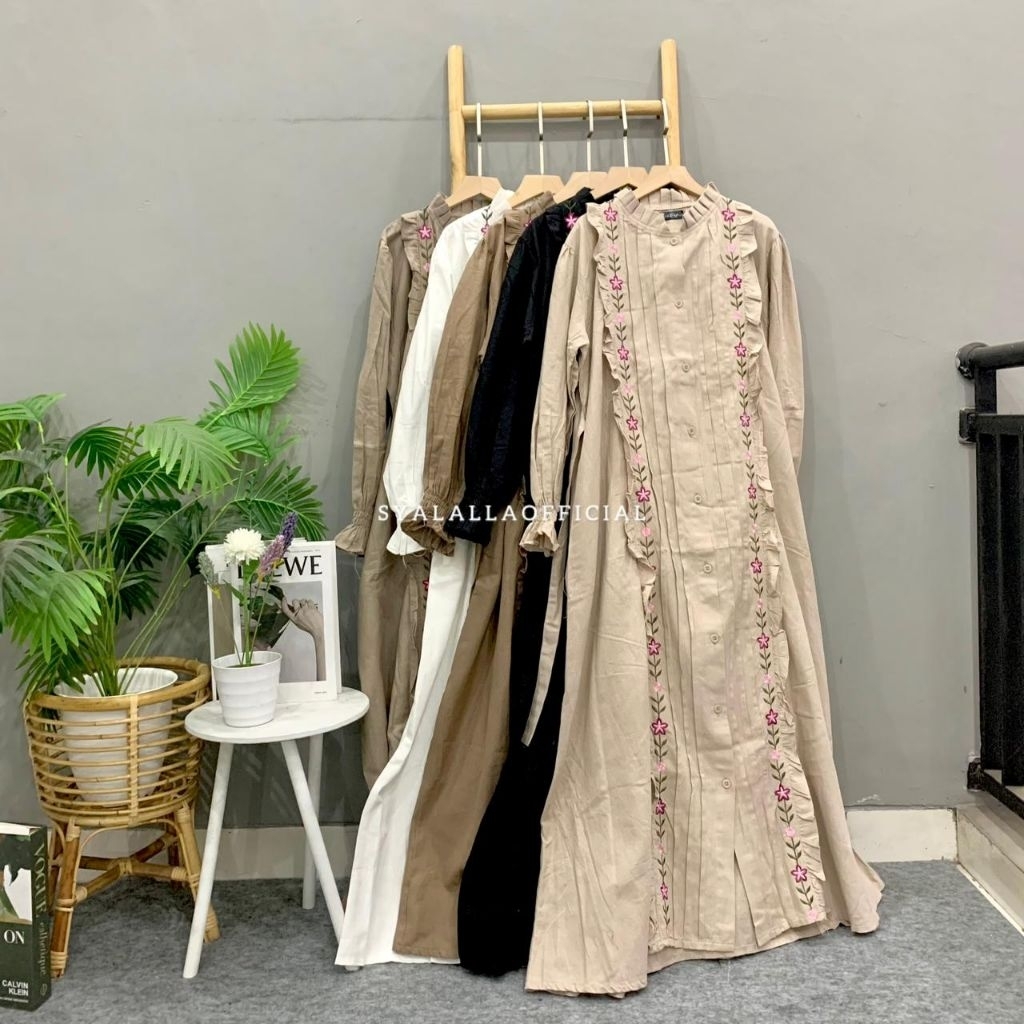 Syla Wardrobe Mecca Longdress Gamis Bordir Bahan Katun Linen Premium Busui Friendly