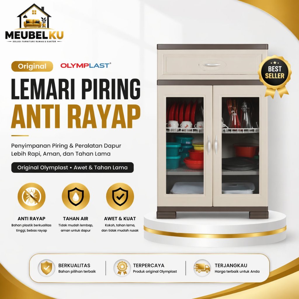 Lemari Piring Anti Rayap Original Olymplast | Rak Piring Plastik Kaca 2 Pintu + Laci | Lemari Dapur 