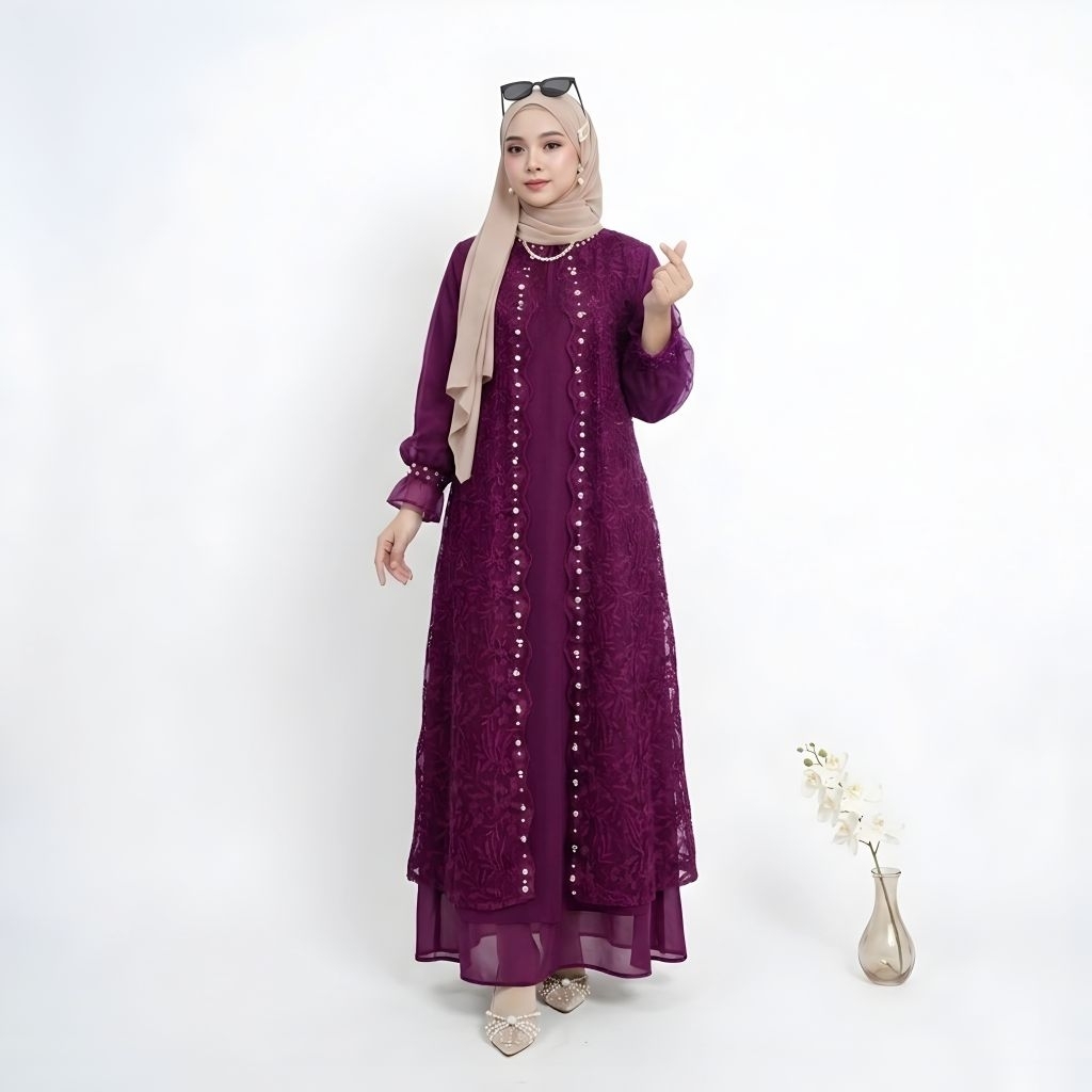Gamis Brokat Lebaran Mewah Baju Pesta Wanita Muslim Modern Lydzia Size M L XL XXL