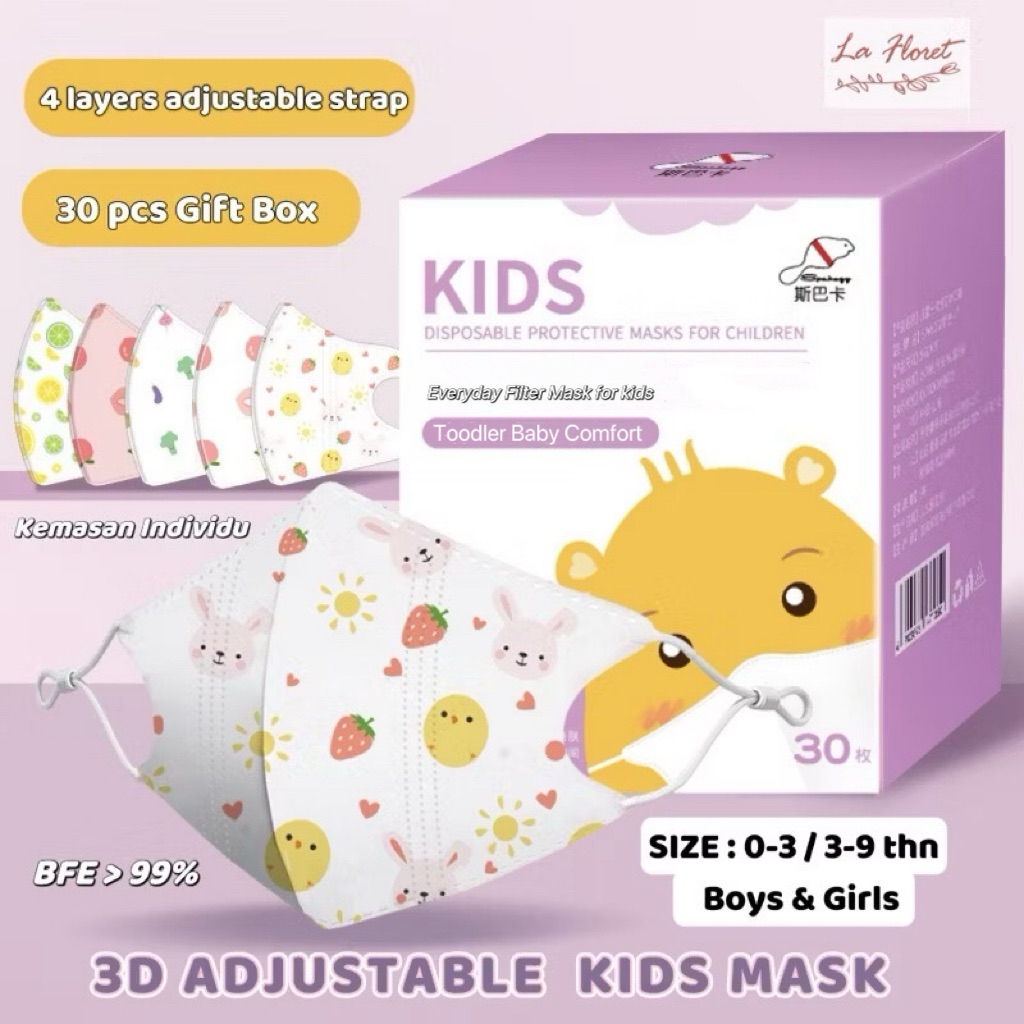 [La Floret]BABY/ANAK 3D Masker(Duckbill) 1-9 thn 4 layer (BFE>99%) adjustable EarStrap lembut & anti