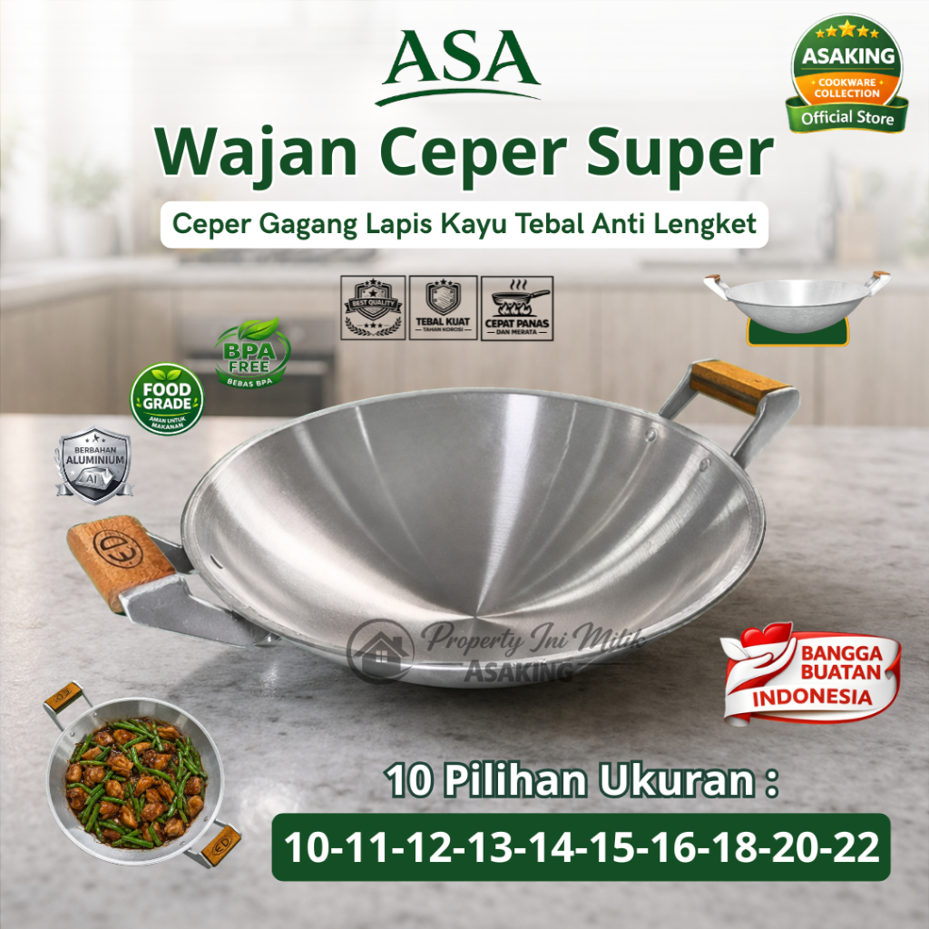 Wajan Penggorengan Ceper No.10 /11/12/13/14/15/16/18/20/22  Alumunium Tebal Gagang Kayu Asaking