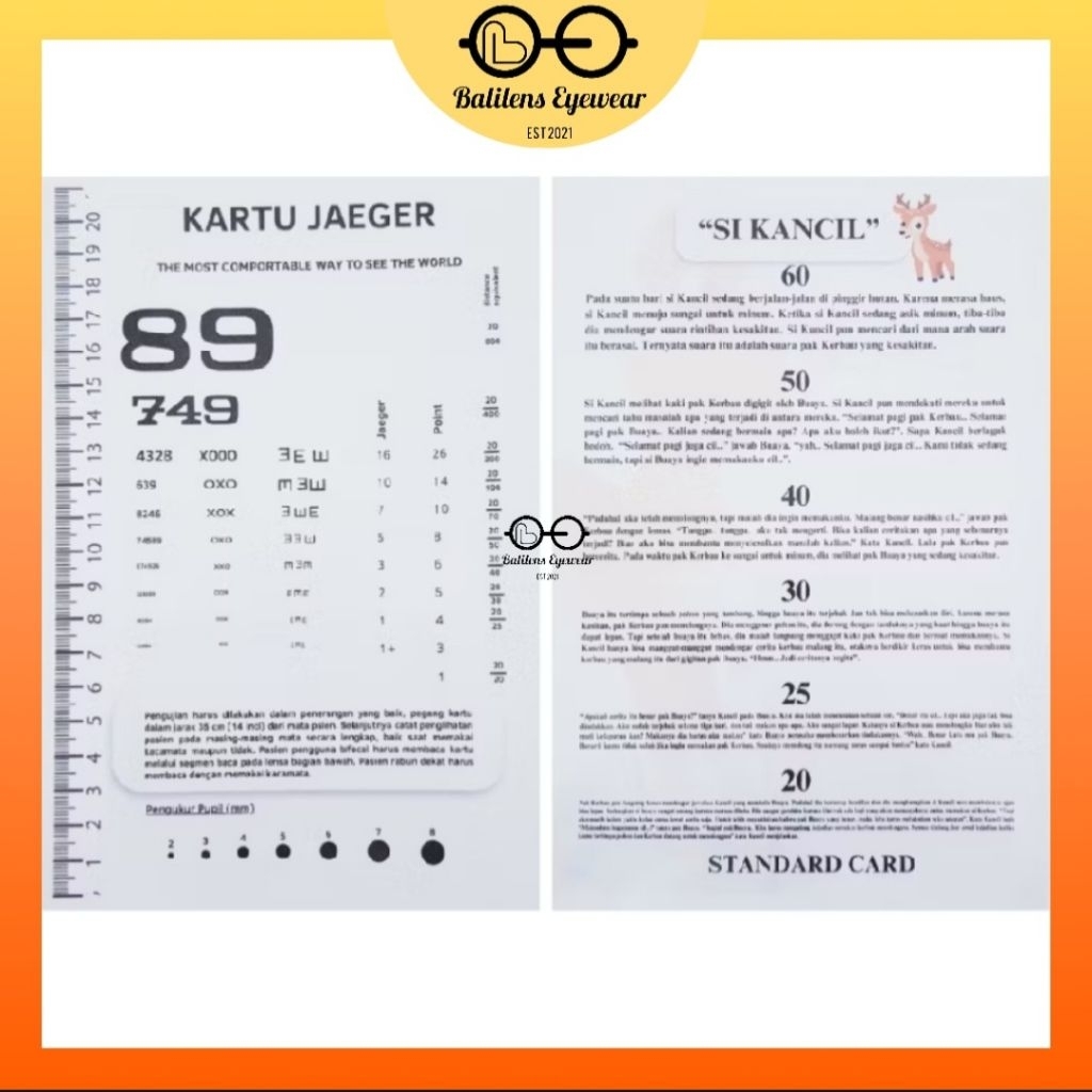 BaliLens Reading Card Kartu Jaeger Tes Mata Dekat Minus Plus Alat Tes Baca Mata Tua Presbiopi