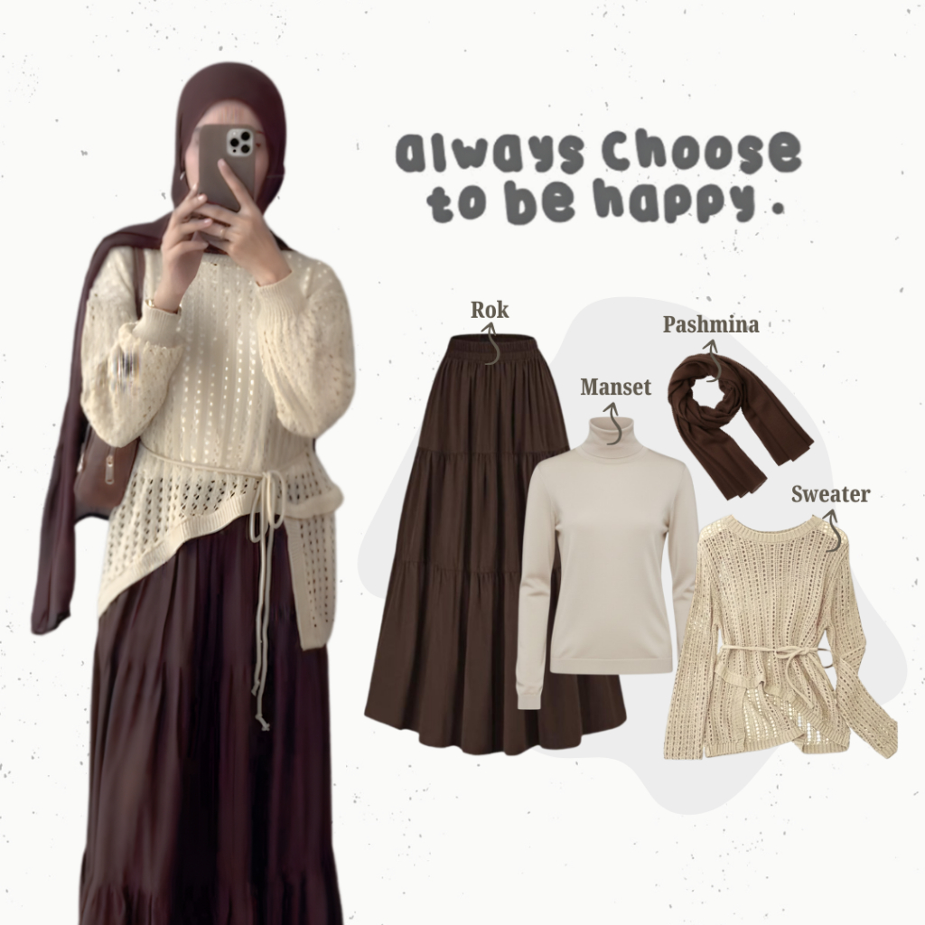 One Set Hijab Cozy Knit 4in1 / Setelan Wanita Kekinian / Outfit Pantai / Sweater Rajut Premium + Rok