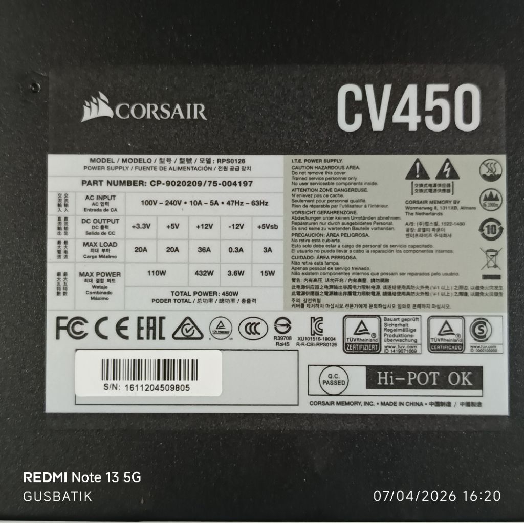 psu corsair CV450 CV 450 pure gaming 450watt 450 W second original