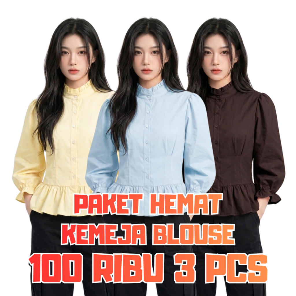 Paket Hemat 100rb 3 pcs Atasan Wanita Blouse Kerah Rempel Lengan Balon Bahan Katun Polo Linen Casual