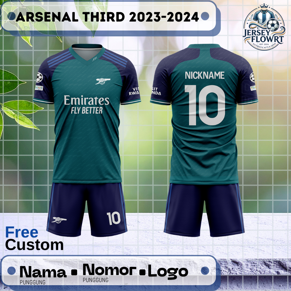Jersey Sepak Bola Custom Arsenal Third 2023-2024 Pendek Free Custom Nama dan No Punggung Full Printi