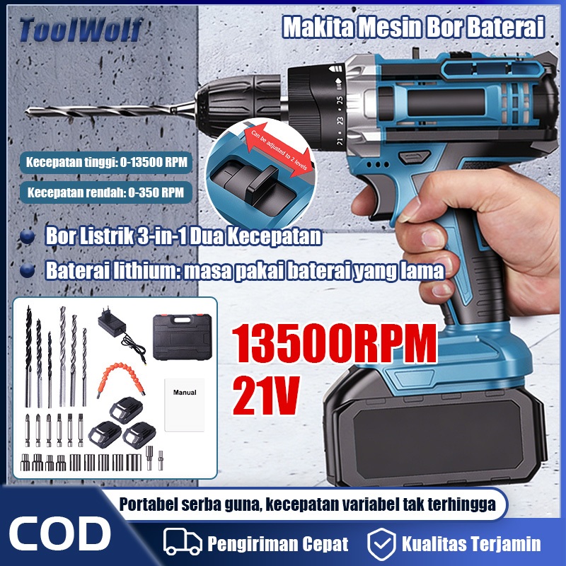 ToolWolf Mesin Bor Listrik Set Alat Mesin Bor Baterai 21V 1350RPM Makita Tanpa Kabel Cocok Untuk Bor