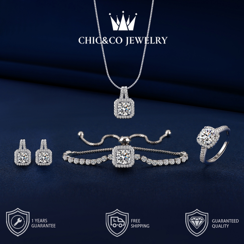Set Perhiasan Titanium Paduan Chicco Jewelry 4in1 Silver Zircon Anti Karat Elegan Wanita