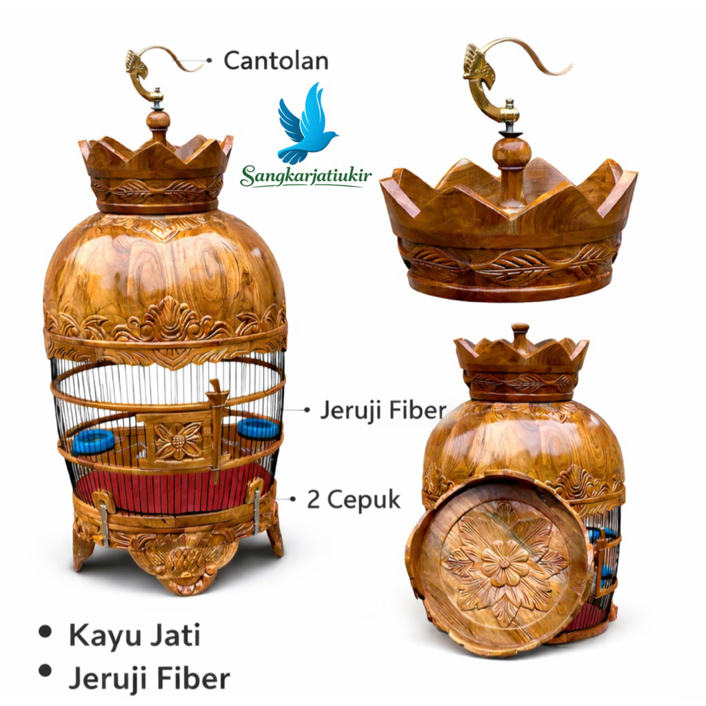 Sangkar Burung Perkutut Kayu Jati Natural Ukiran Mewah Jeruji Fiber 2 Cepuk Terlaris