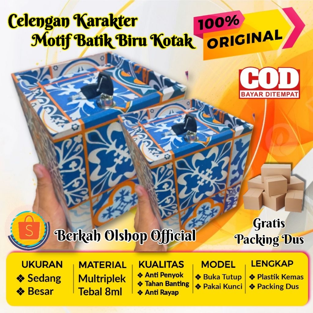 Celengan Karakter Motif Batik Biru (Pakai Kunci) - Celengan Kunci Gembok - Celengan Besar Pakai Kunc