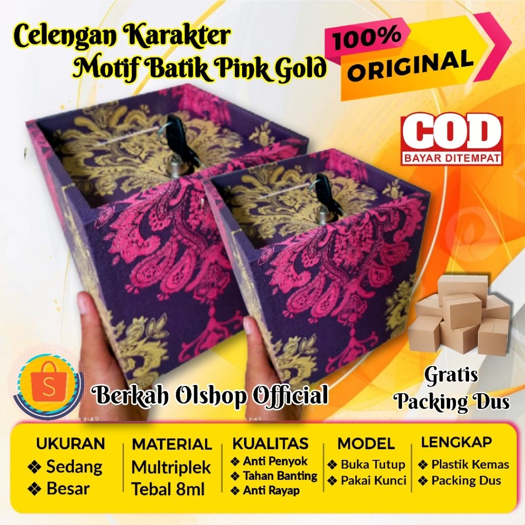Celengan Karakter Batik Pink Gold (Besar Pakai Kunci) - Celengan Unik - Celengan Kunci Gembok - Kado