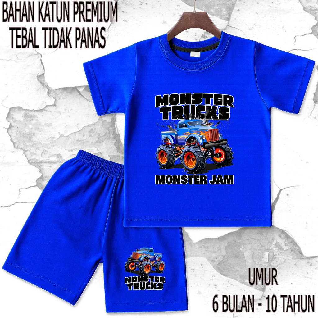 setelan baju anak - anak mobil monster truck umur/tahun 6 bulan - 10 tahun bahan katun premium sablo