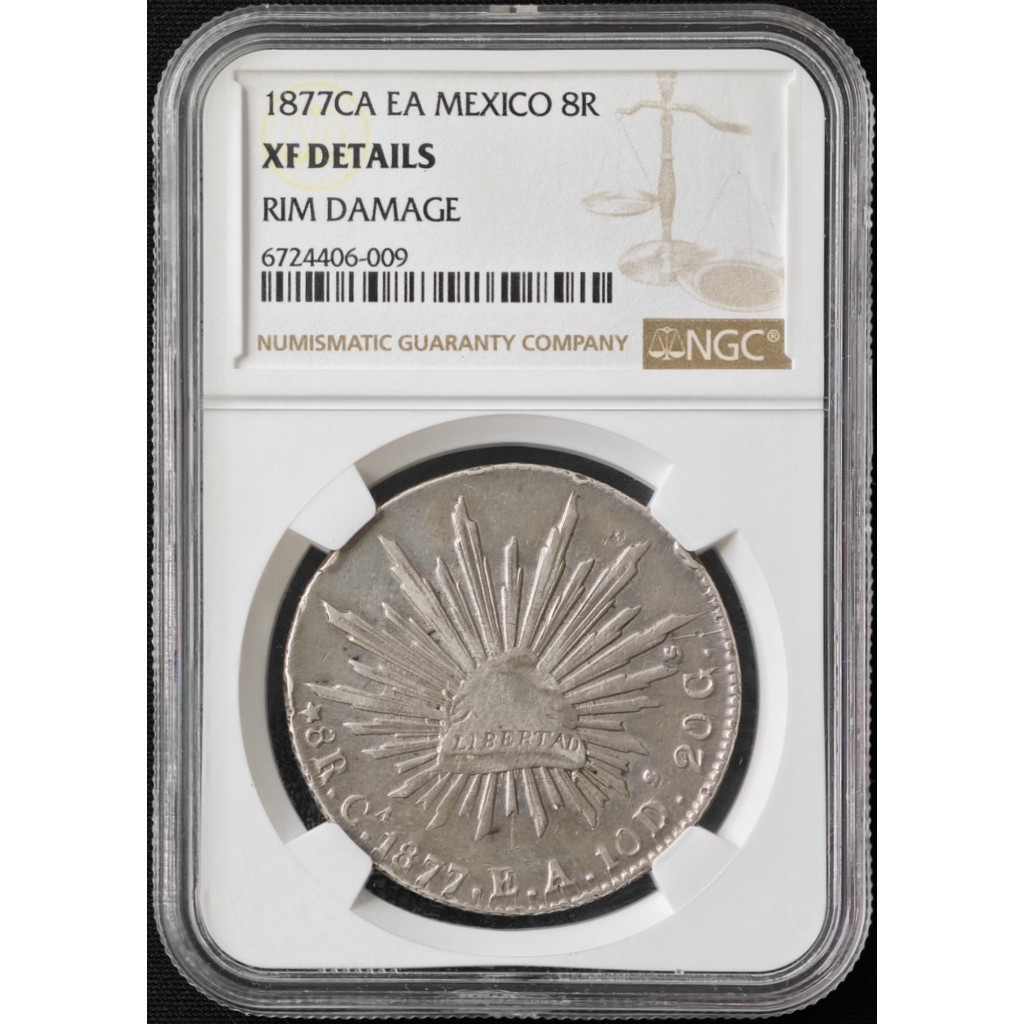 Koin Perak Mexico 8 Reales 1877 Mint Chihuahua Desain Libertad Graded NGC XF Details
