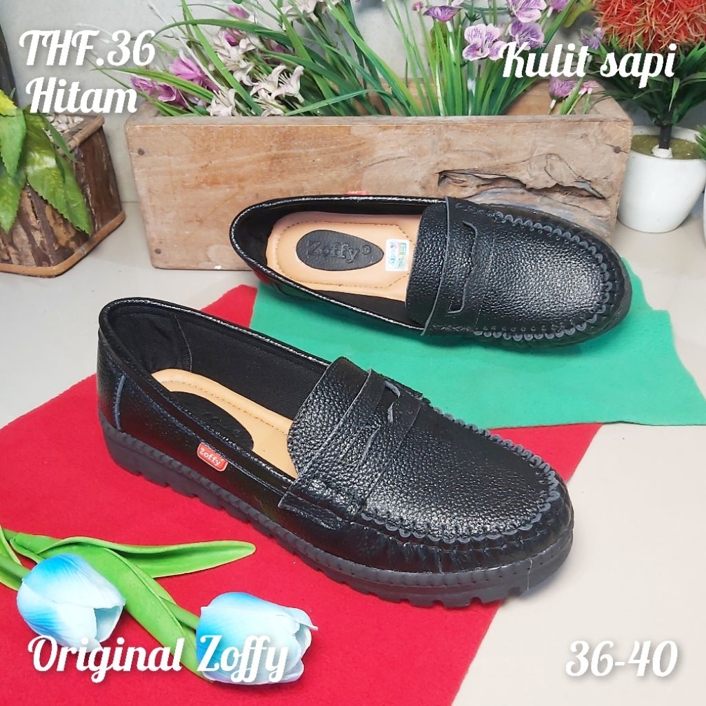 Original Zoffy THF.36 Sepatu Fantofel Flat shoes Dinas Kantor Wanita bahan kulit sapi asli / Sepatu 