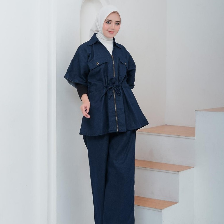 One Set Setelan Blouse Wanita Denim Kulot & Blouse  Atasan CLARA | Baju Set Remaja Dewasa Modis Keki