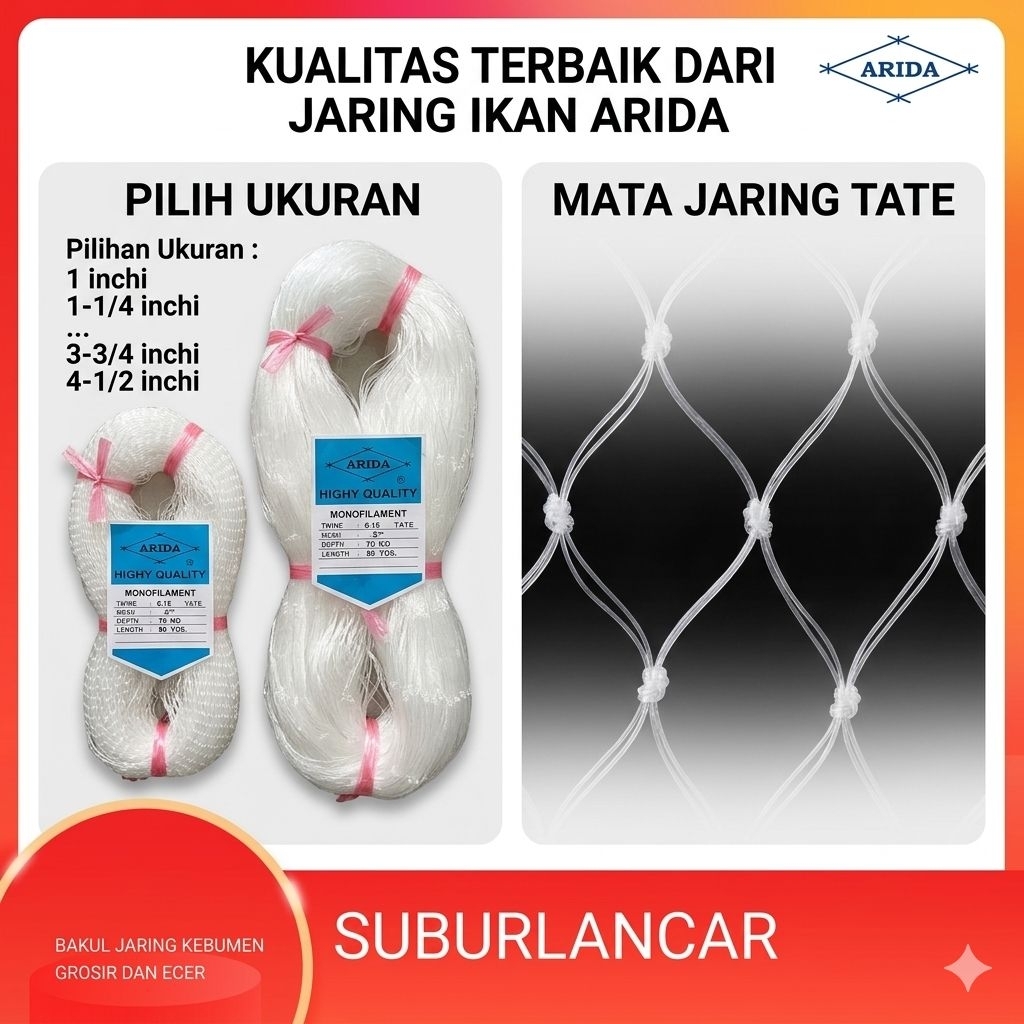 JARING IKAN ARIDA 1-4½ inchi 0.15 70md/80 yds type tate atau mata memalang pukat ikan jaring arida j
