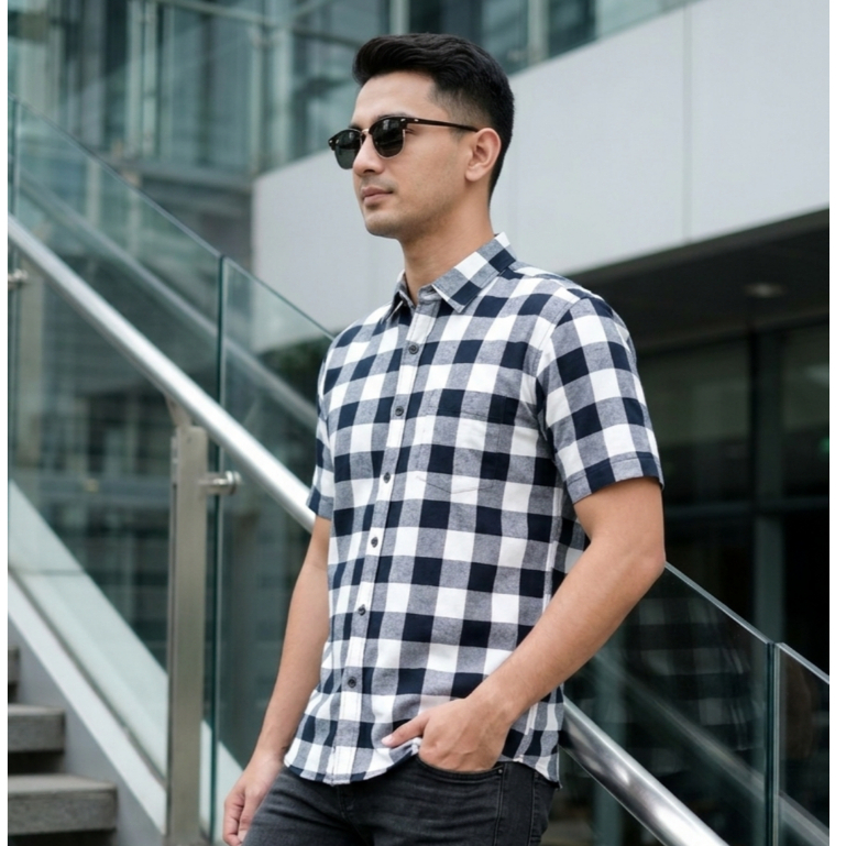 OnStyle Kemeja SS Motif Kotak Reguler Fit White Navy Col 9 - KMJ SS KOTAK WHITE NAVY 9