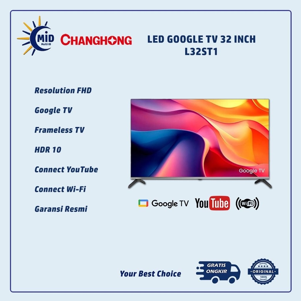 CHANGHONG LED Smart Google TV 32 Inch L32ST1 | LED TV Changhong 32 Inch | FHD | HDR 10 | Smart Frame