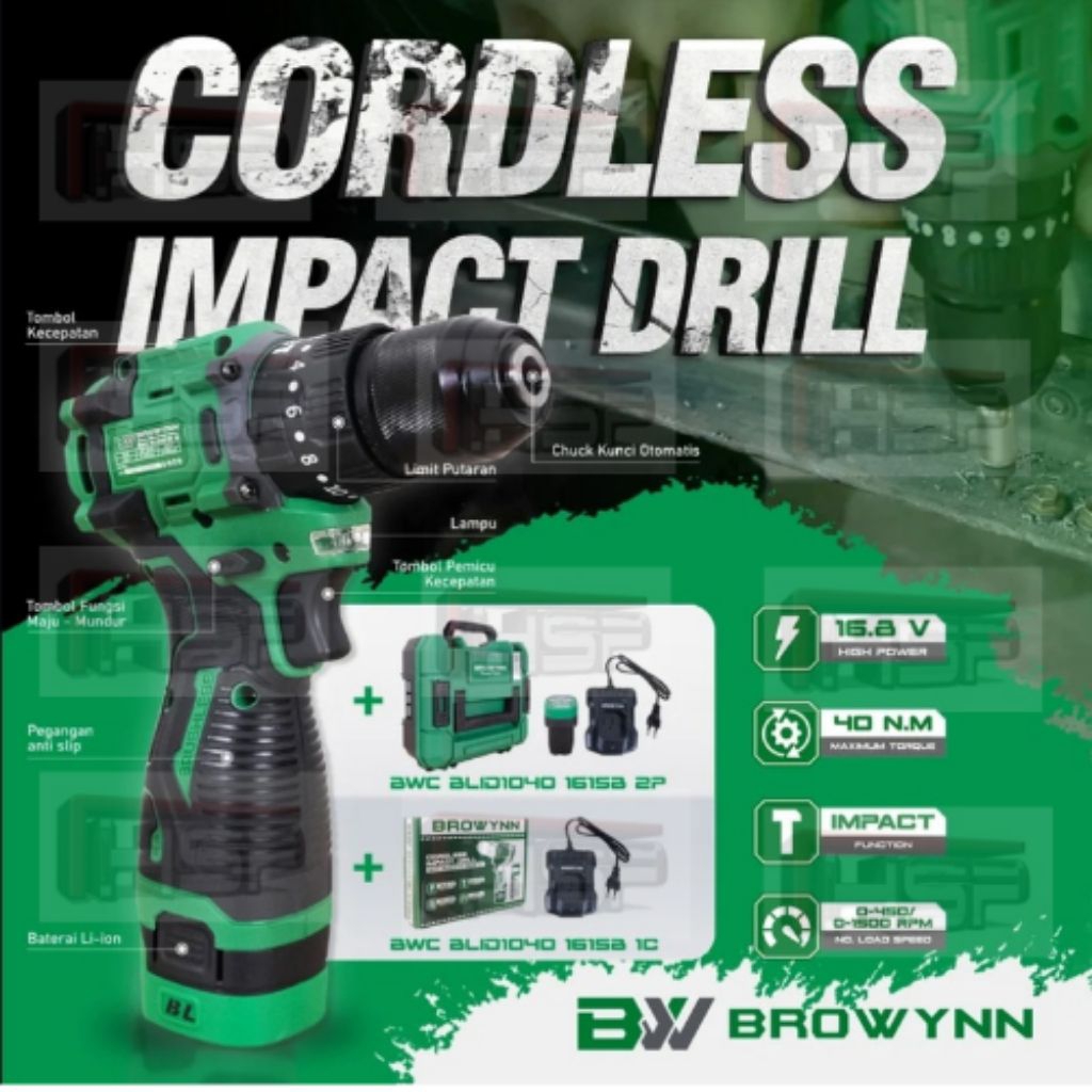 BROWYNN CORDLESS IMPACT DRILL 1040-1C-16.8V