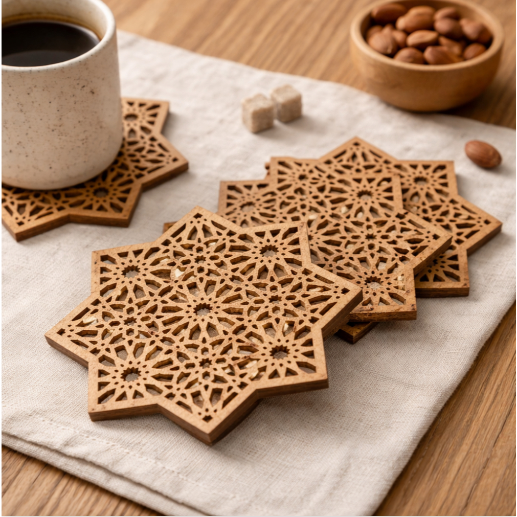 TATAKAN GELAS KAYU ALAS GELAS CANGKIR | Coaster Kayu Ukir Laser Geometris