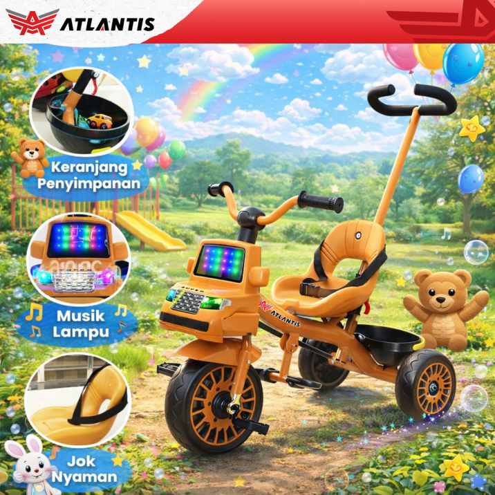 Sepeda Anak Roda 3 / Sepeda Anak / Sepeda Tricycle Atlantis Model Mobil + Tongkat / Sepeda Anak Atla