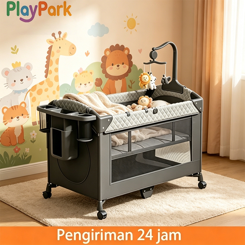 PlayPark Box Bayi Tempat Tidur Bayi 6in1 Bisa Dilipat Portabel dengan Roda Bonus Kelambu Hadiah