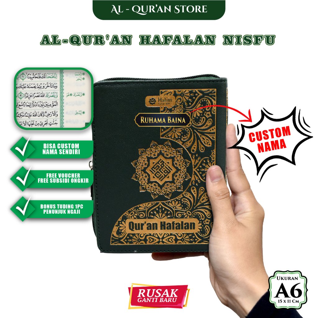 Alqur'an Kecil Resleting Tanpa Terjemahan Alquran Hafalan Tahfiz Al Qur'an Al Halim A6 Custom Nama