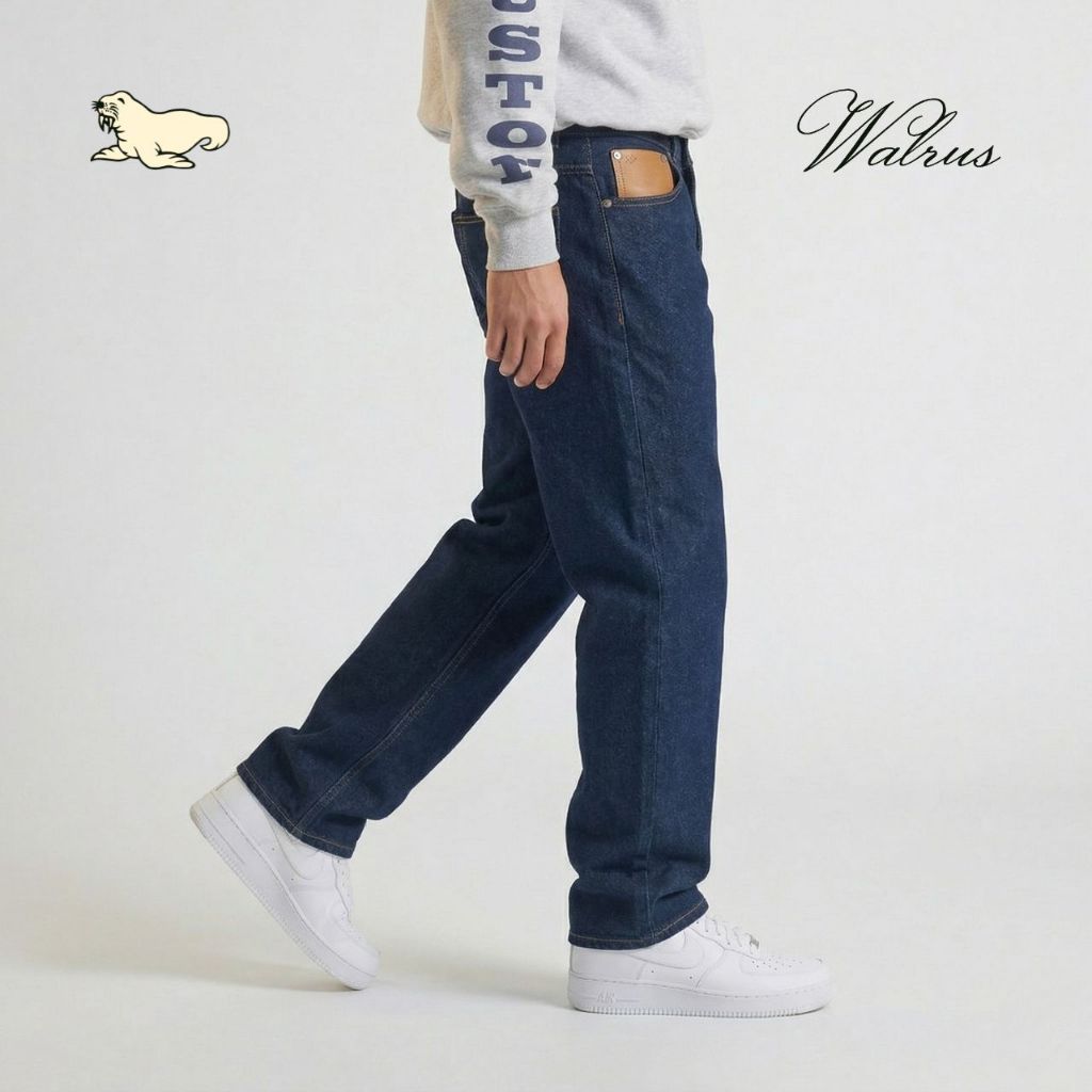 Walrus Signature Denim Pant Straight Fit Celana Jeans Pria Night Indigo with Leather Accent G80022N