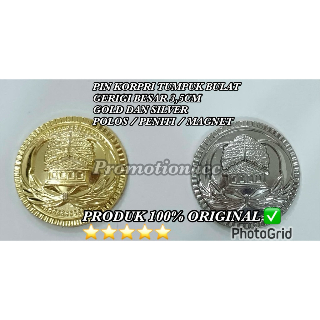 Pin Korpri Tumpuk Bulat Gerigi Besar 3,5cm Gold Silver Polos Peniti Magnet Pin Bros Bross Korpri ASN