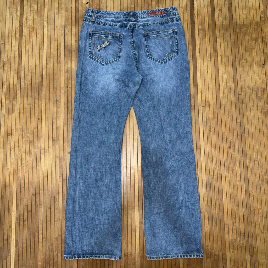 Y2K VINTAGE VON DUTCH WIDE BOOT CUT FIT EMBROIDERY LOGO MOTORCYCLE FLARE DENIM JEANS harley davidson