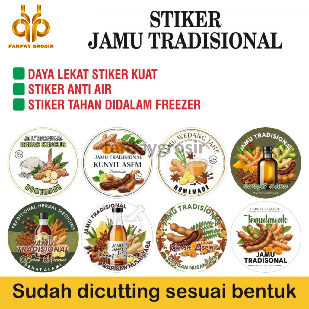 Stiker Jamu Tradisional Botol | Sticker Cup Minuman Herbal Transparan Tahan Air Lem Kuat