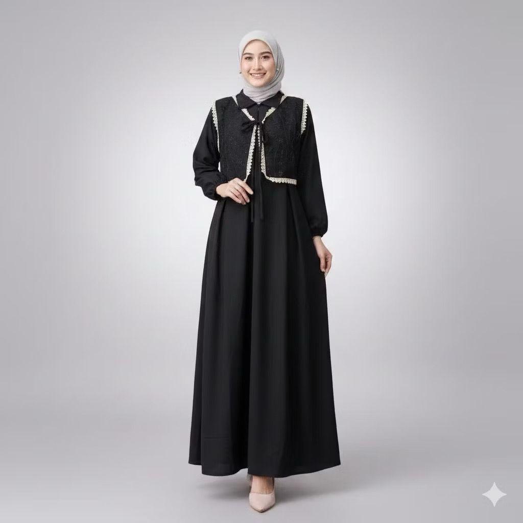 Gamis Muslimah Hitam Panjang Dengan Renda Putih Dan Kerah Kemeja Elegan