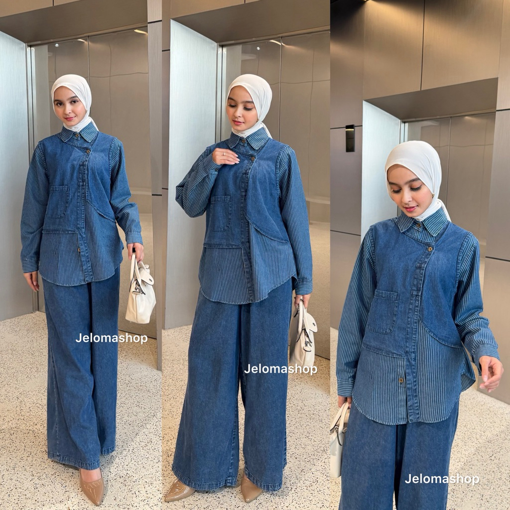 Claudia Setelan Jeans Wanita Atasan Longgar Celana Kulot Panjang Model Simple Trendy Bahan Adem Nyam