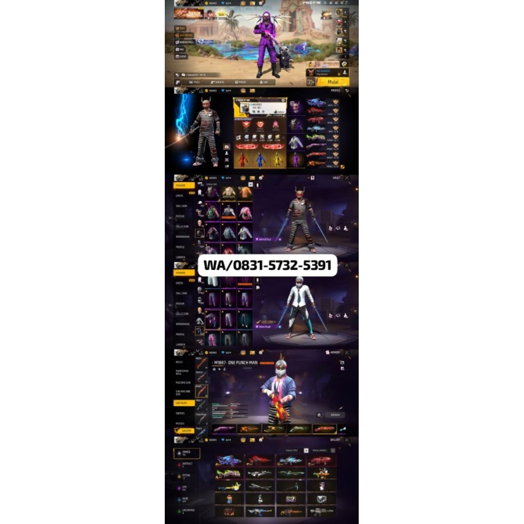 AKUN FF SULTAN-LEVEL TINGGI, SKIN LENGKAP READY AKUN FF MURAH-BAGUS FULL SKIN