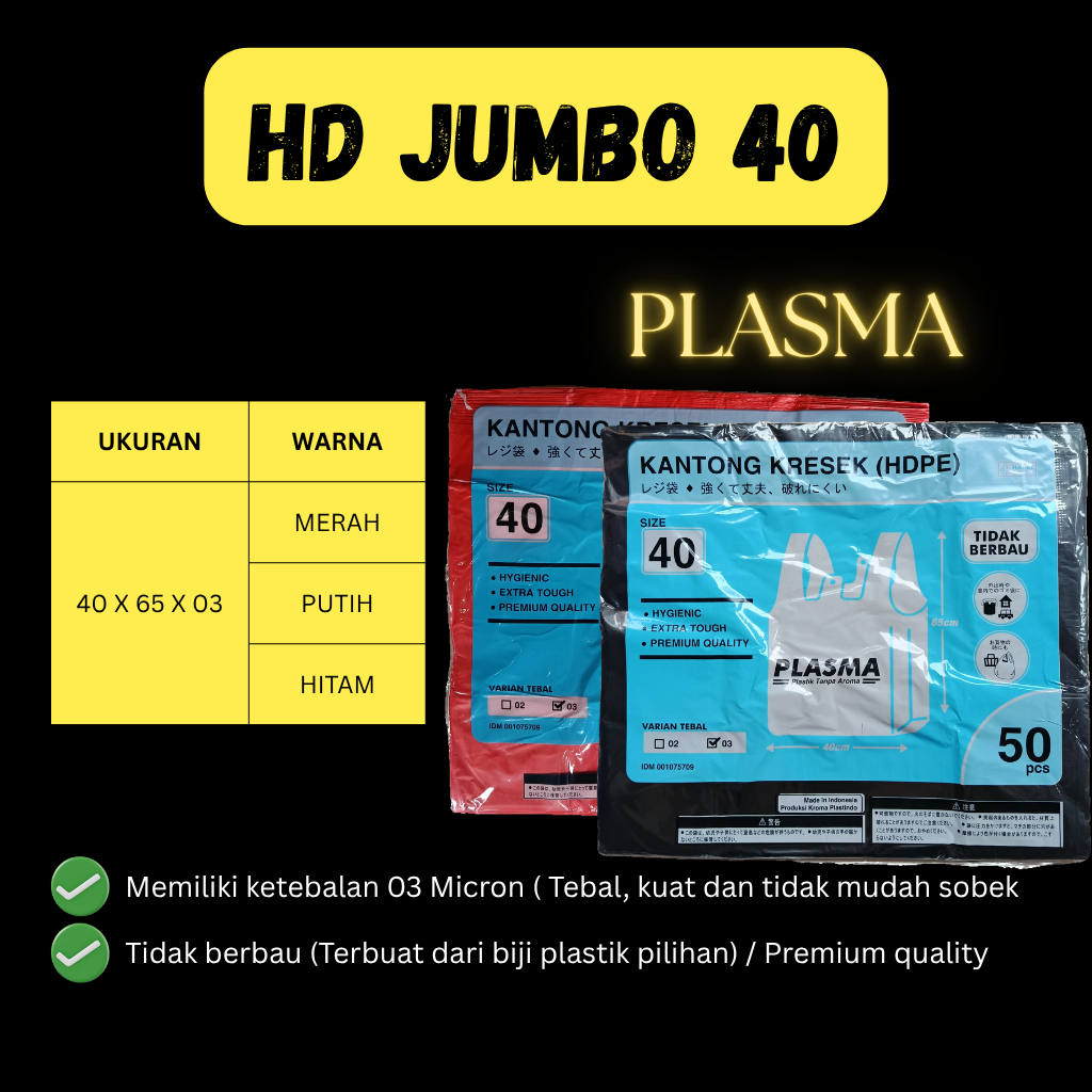 Kantong Plastik / Kresek Jumbo Plasma 40×65x03 - Merah/Hitam/Putih (Tebal 03 Micron)