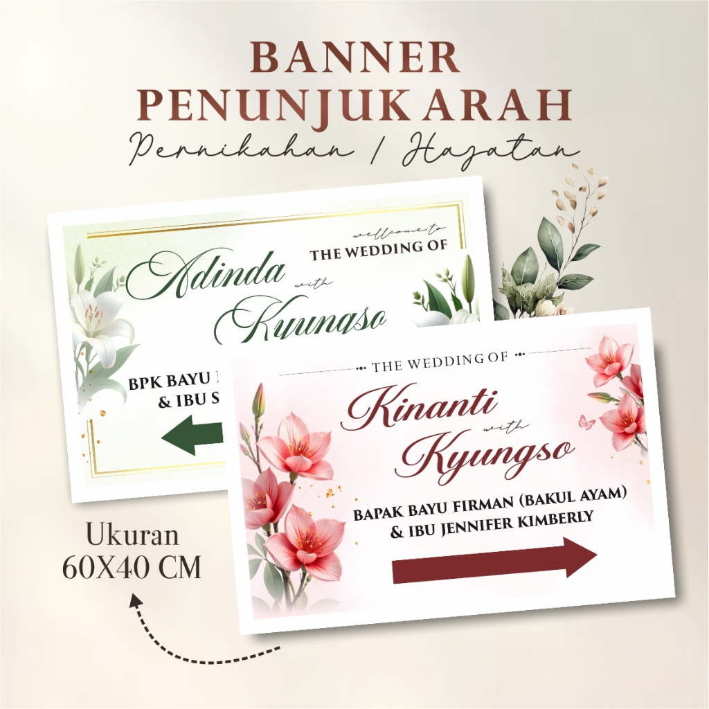 Banner Penunjuk Arah Pernikahan 60x40 cm | Banner Hajatan Custom Nama | Banner Petunjuk Lokasi Acara