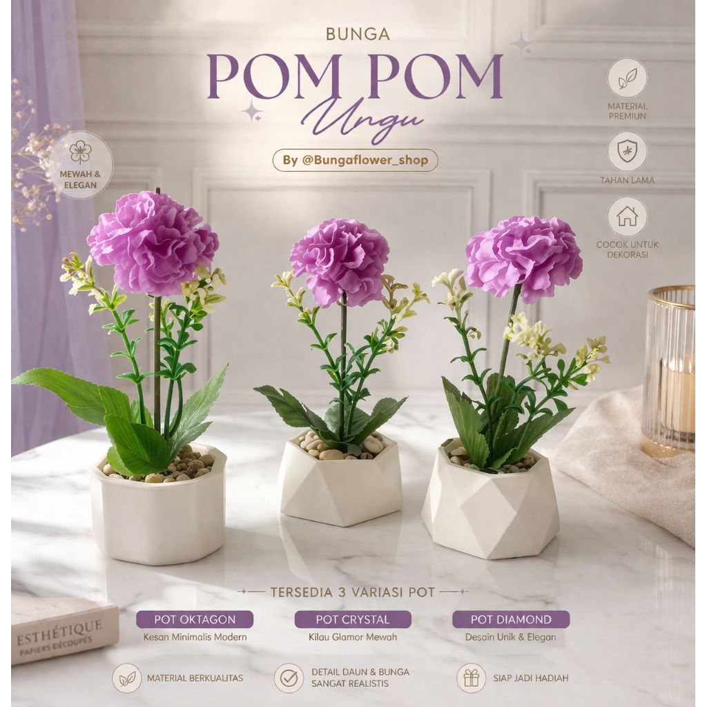[ PROMO TERMURAH ] Bunga Artificial Pompom Ungu | Termasuk Pot Concrete | Dekorasi Ruang Tamu | Bung