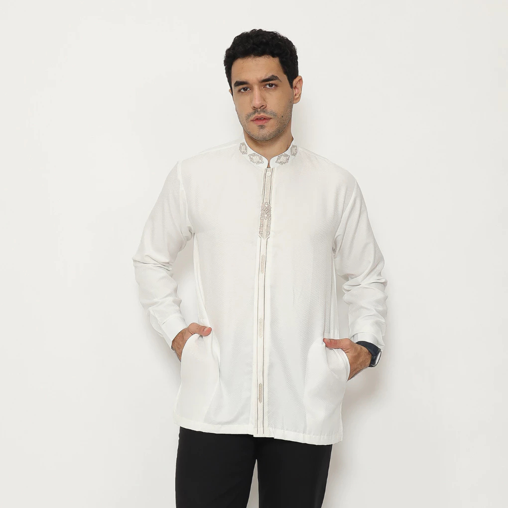 Baju Koko Pria Putih Bordir Emas Lengan Panjang Premium Semi Sutra | Koko Muslim Modern