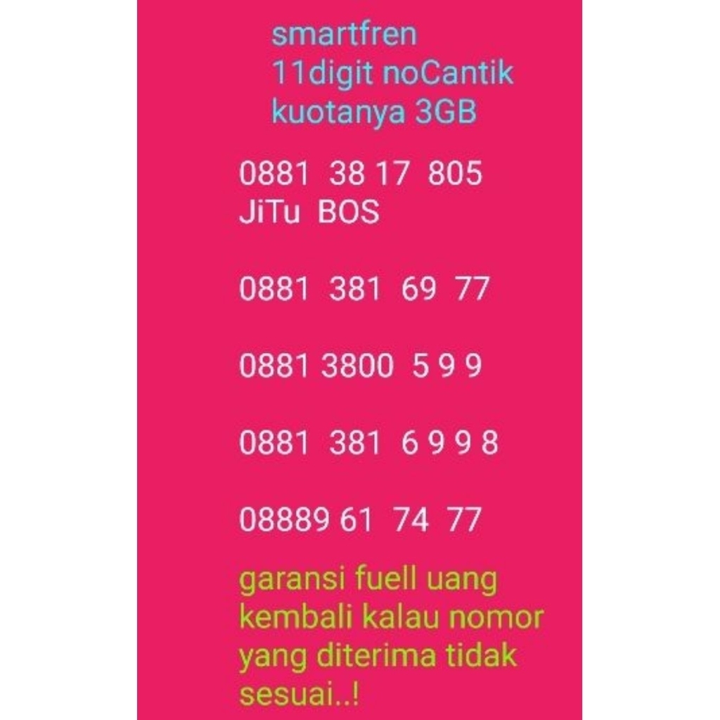 smartfren 11digit nomor Cantik kuotanya 3GB