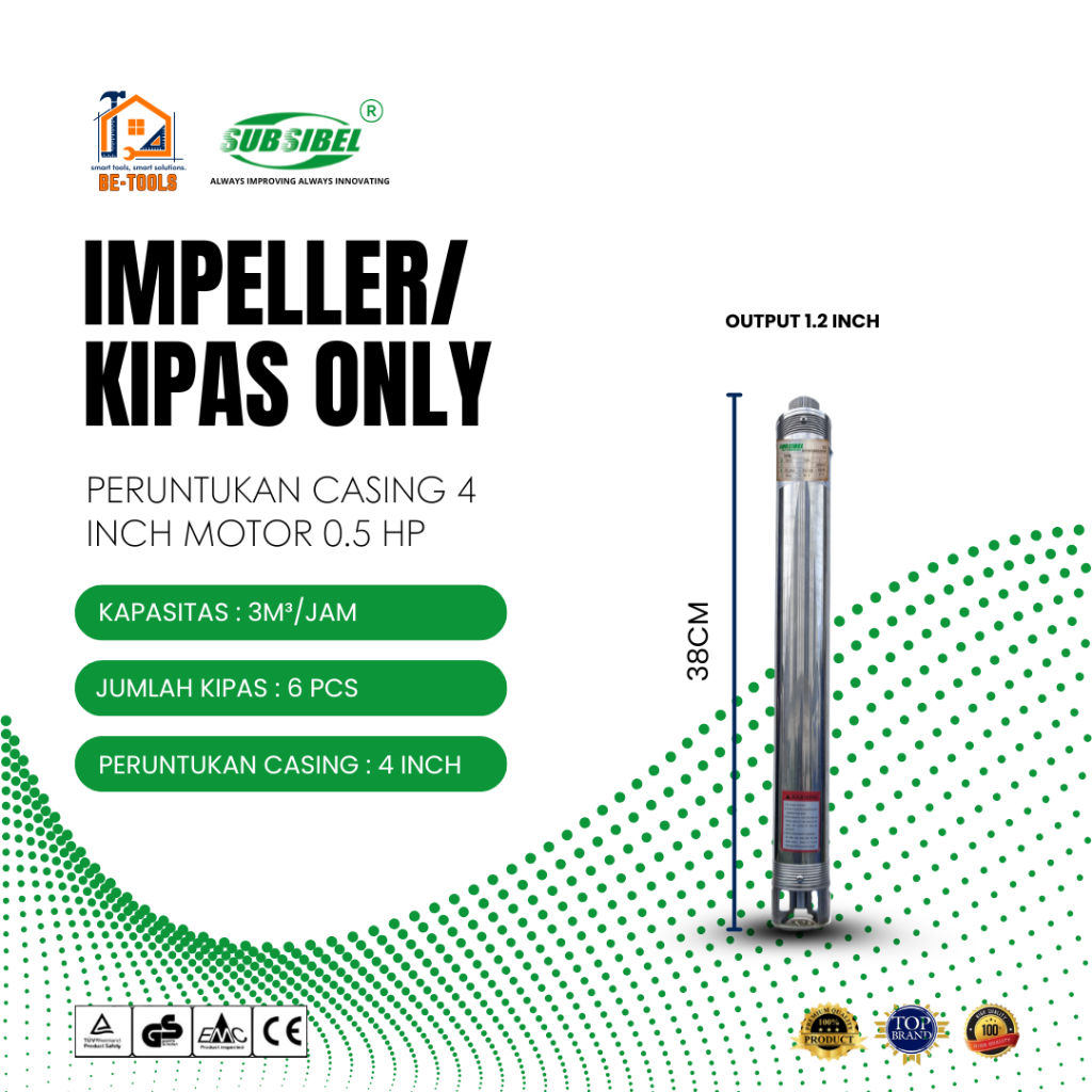 Kipas / Impeller Pompa Air Submersible 4 Inch 3/6 0.5HP | Output 1.2 Inch | 3M³/Jam