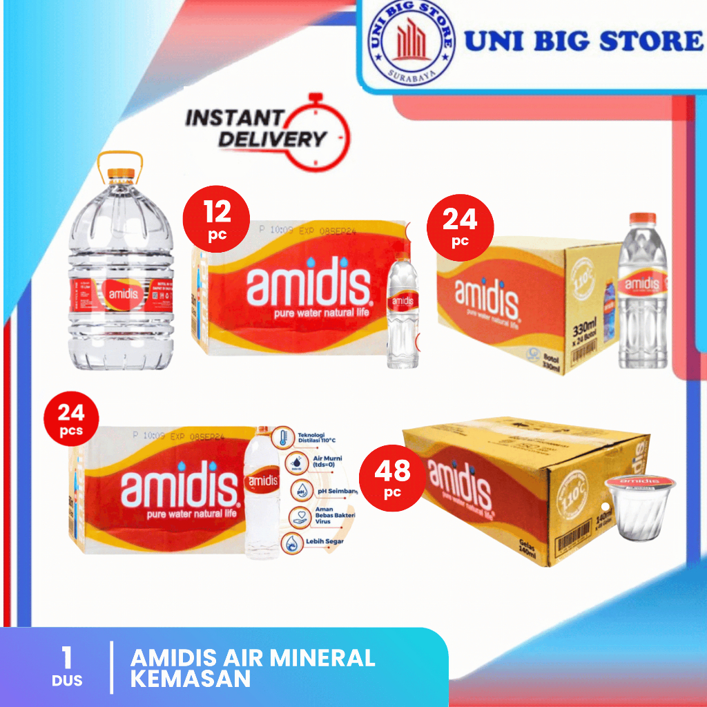 Amidis Galon 15 Liter Air Minum Distilasi Kemasan 140 ml 330 ml  600 ml 1500 ml Isi 12 dan 24 Botol 
