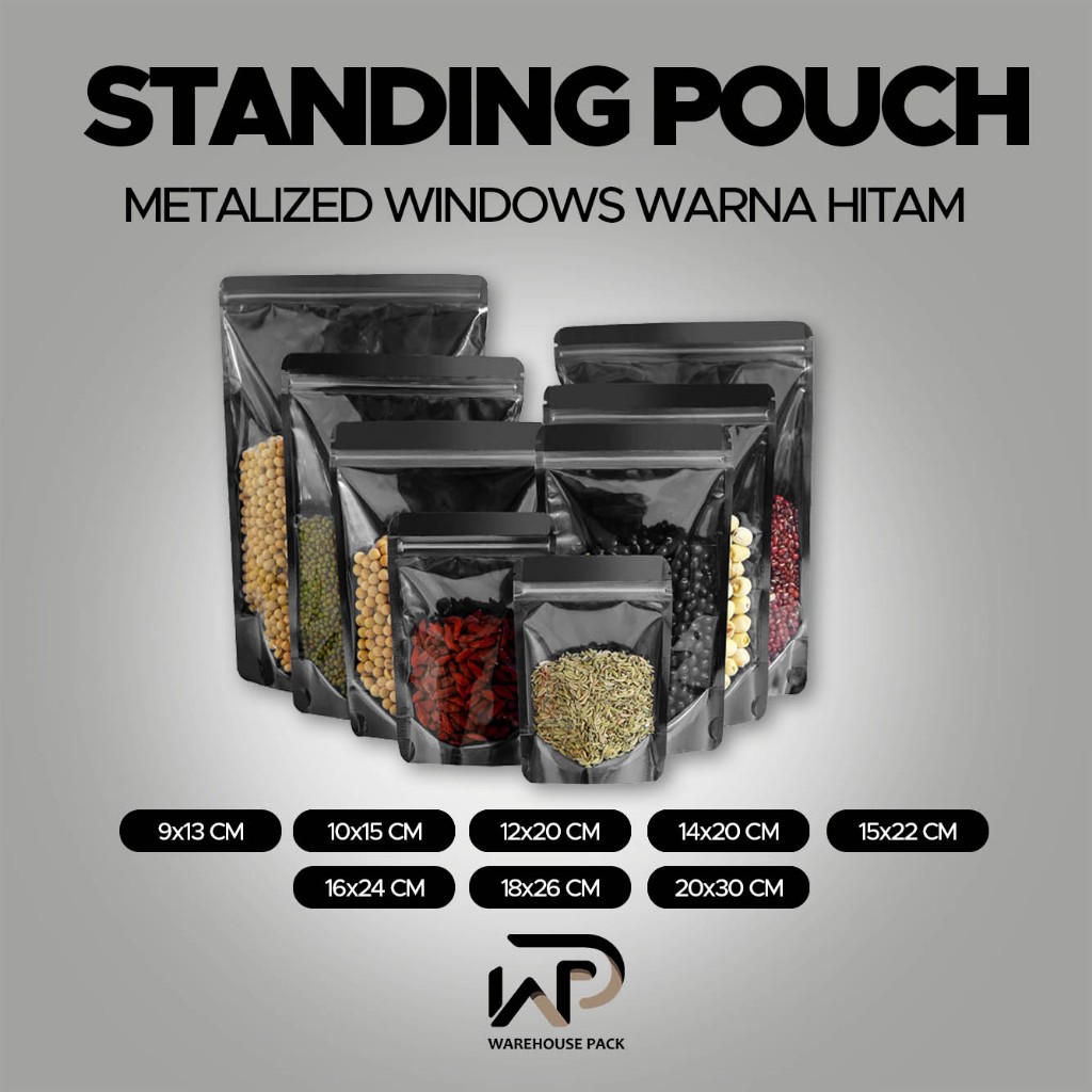 ( 1 Pcs ) Standing Pouch Metalized full Clear Windows Warna Hitam | Standing Pouch Ziplock Clear | P