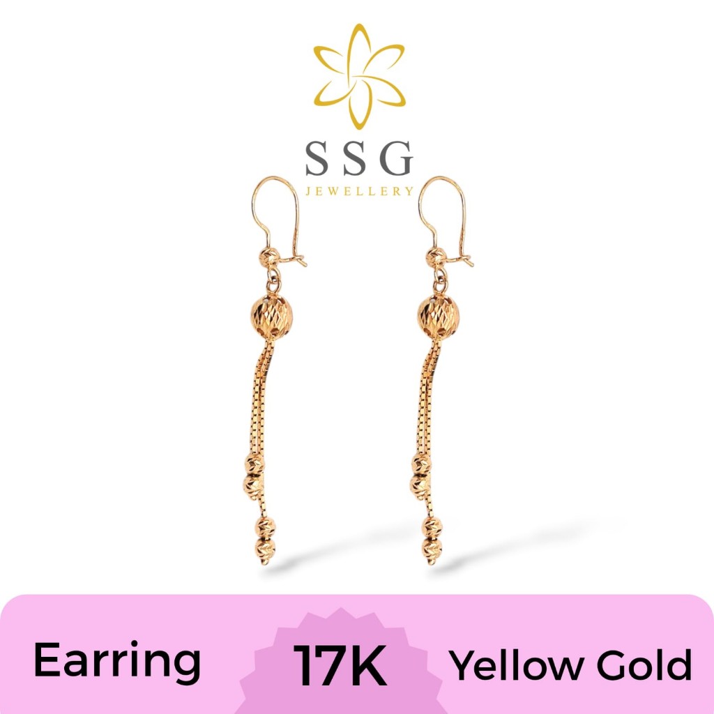 Anting Kait Panjang Variasi Bola - Bola Yellow Gold / Emas Kuning 17K - SSG JEWELLERY