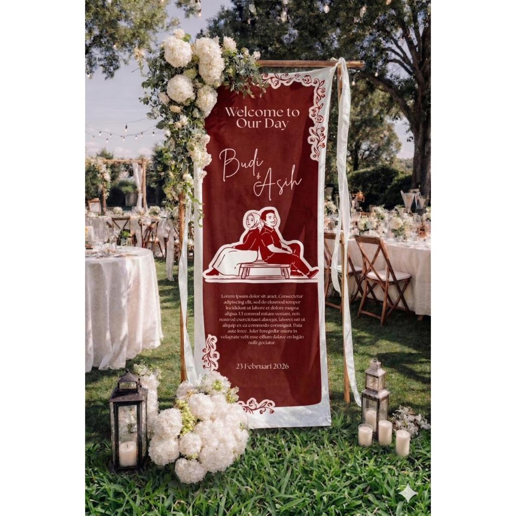 WELCOME SIGN WEDDING | WEDDING SIGN KAIN | UKURAN LENGKAP CUSTOM DESAIN, NAMA DAN FOTO