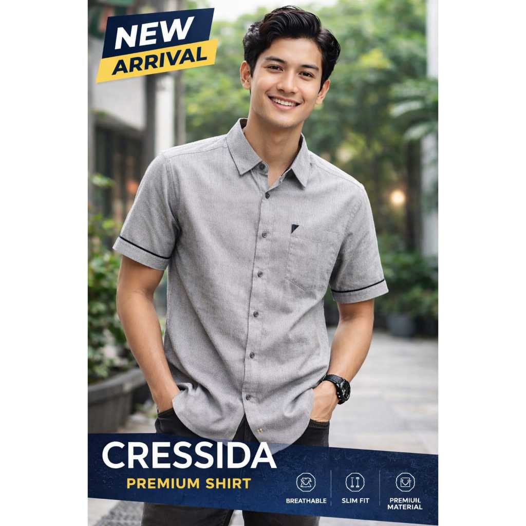 SumberRejekiJeans - Baju Pria CRESSIDA FB500A REGULER - Kemeja Casual Abu-abu Pria Lengan Pendek Kat