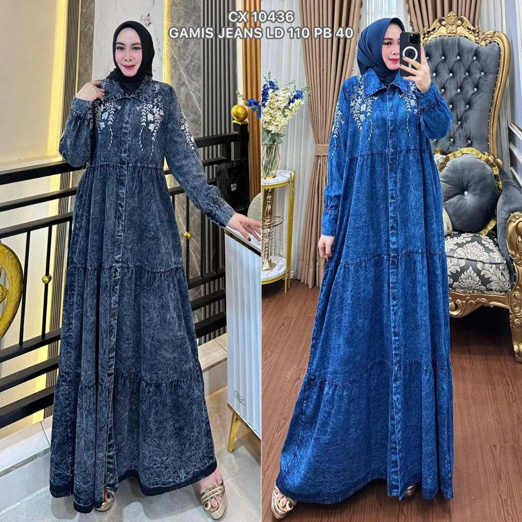 GAMIS JEANS BORDIR PREMIUM DRESS BY LAREEYA/ GAMIS JEANS DENIM ORIGINAL
