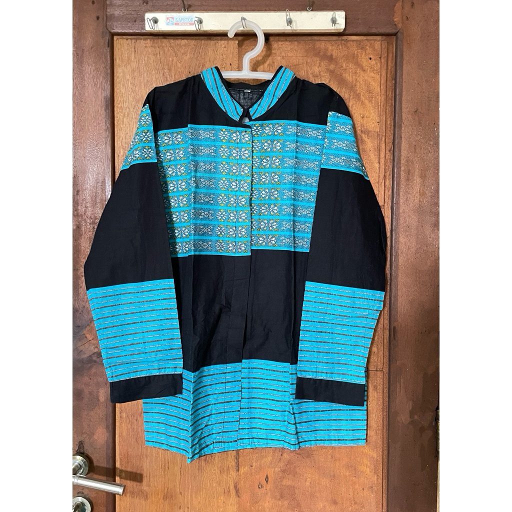 Preloved Batik Tunik Wanita Motif Etnik Biru - Baju Atasan kemeja Tenun Modern Kerah Shanghai