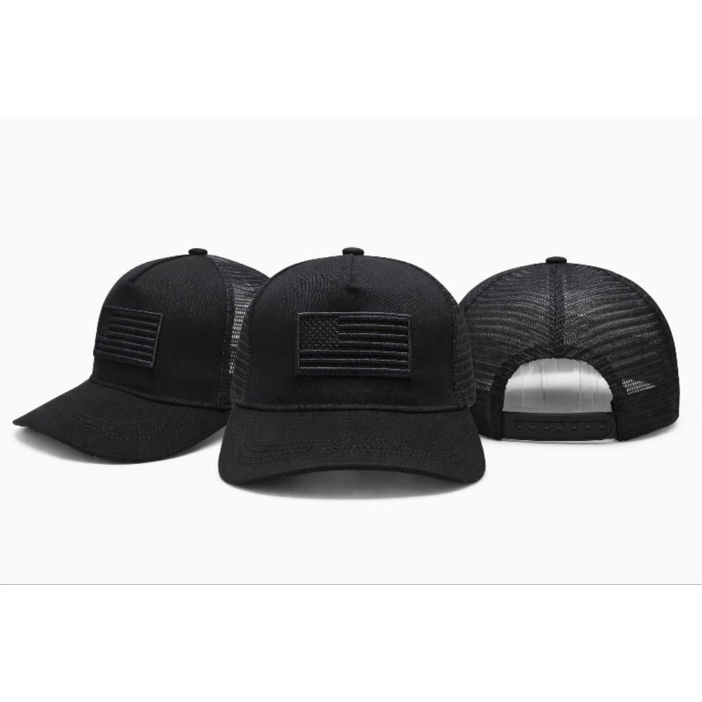 Topi Trucker Tactical Black US Flag Cap Stealth Patch Snapback